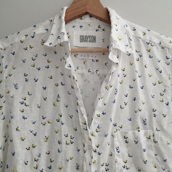 Anthropologie Grayson The Hero 100% Linen Butterfly Print White Button Up 3 or M - Picture 7 of 16
